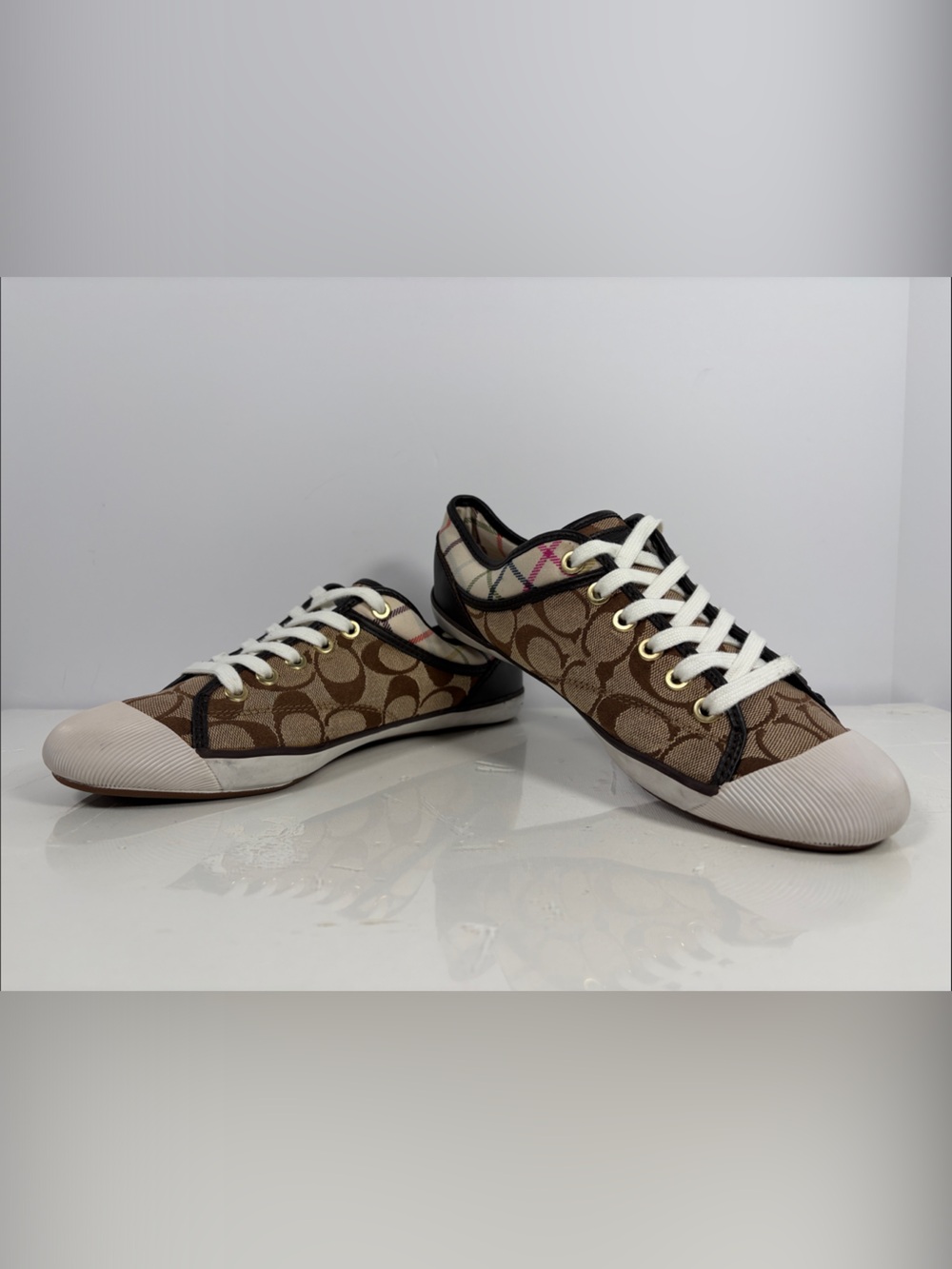 Coach Zorra Signature C Plaid Sneakers Women’s 8.5M Brown Tan Y2K Lace Up
